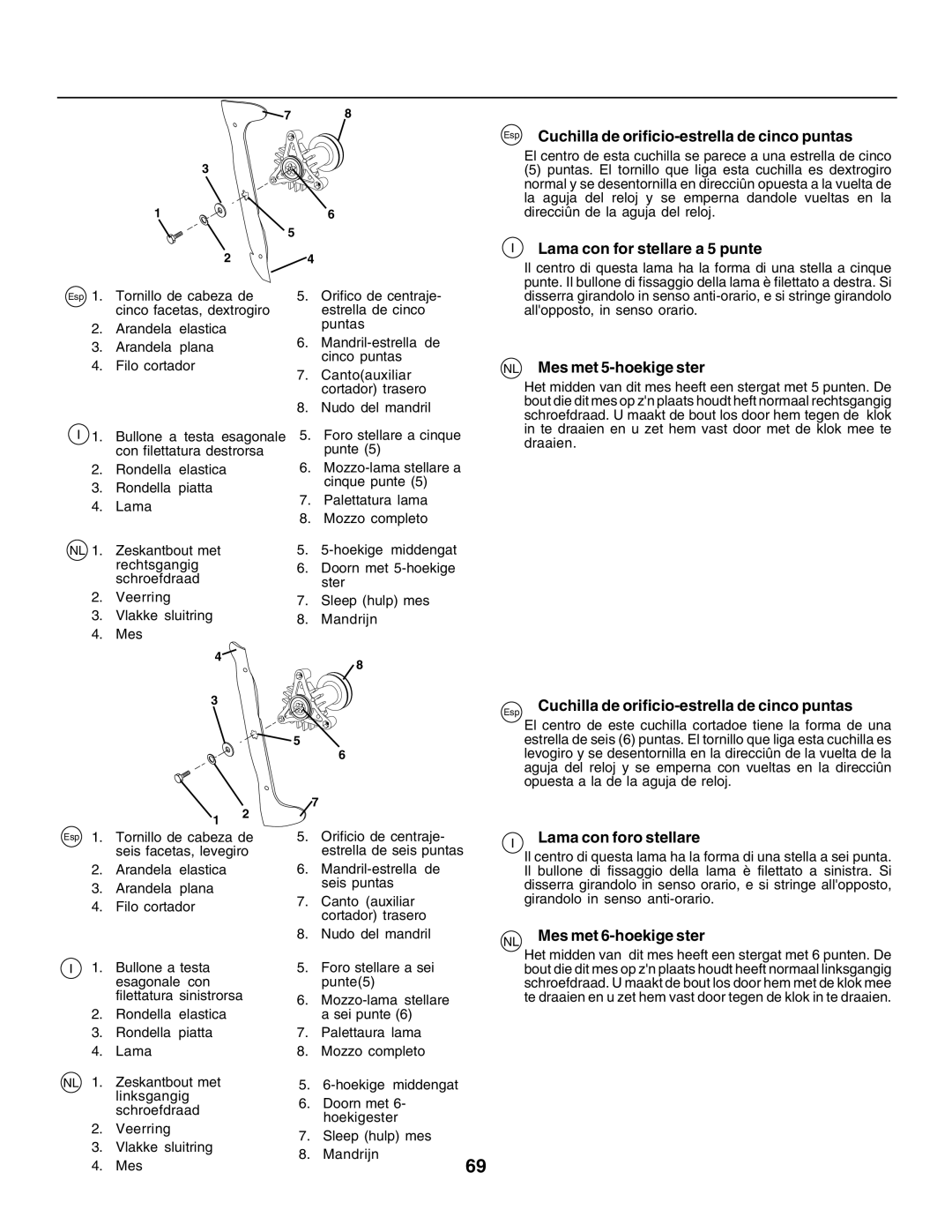 Husqvarna CTH135 instruction manual Esp Cuchilla de orificio-estrella de cinco puntas, Lama con for stellare a 5 punte 