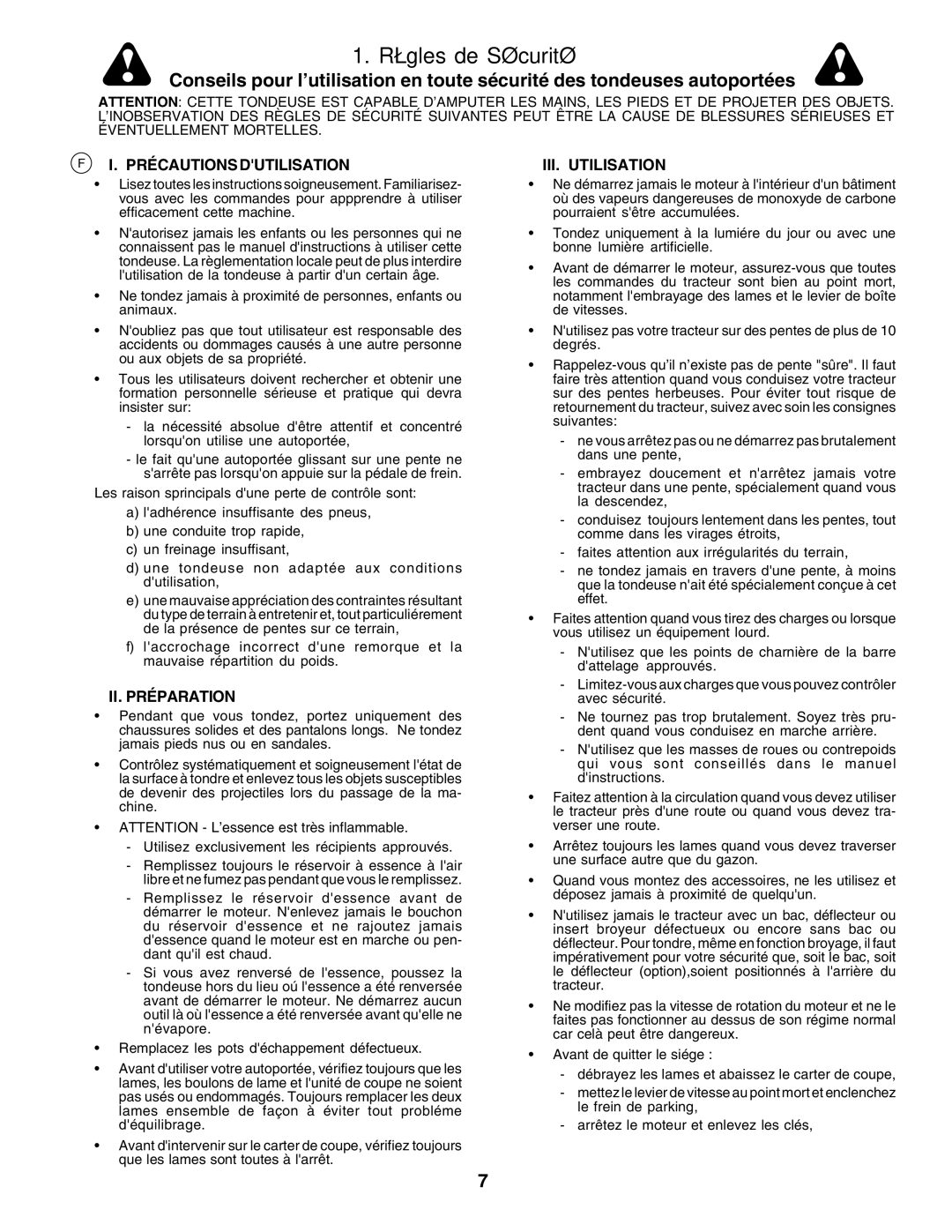 Husqvarna CTH135 instruction manual Règles de Sécurité, Précautions Dutilisation, II. Préparation, III. Utilisation 