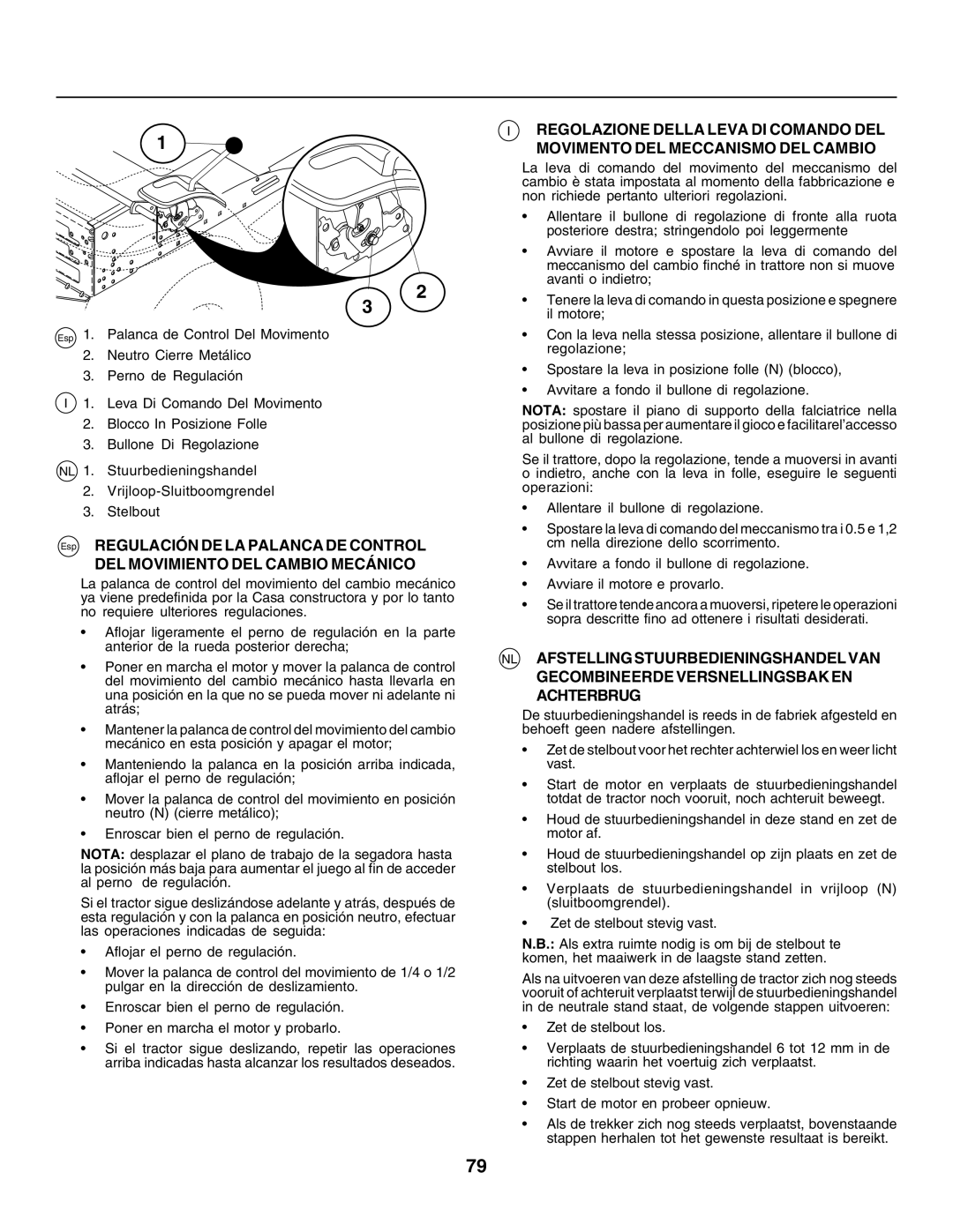 Husqvarna CTH135 instruction manual Esp Regulación DE LA Palanca DE Control, DEL Movimiento DEL Cambio Mecánico 