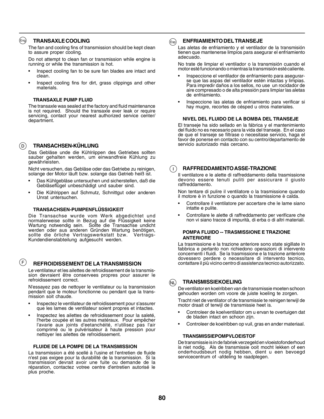 Husqvarna CTH135 instruction manual Transachsen-Kühlung, Refroidissement DE LA Transmission, Raffreddamento ASSE-TRAZIONE 