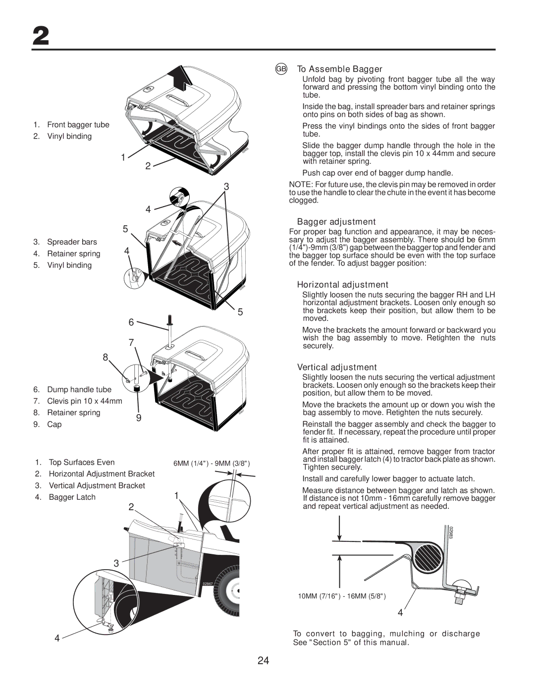 Husqvarna CTH140TWIN instruction manual To Assemble Bagger, Bagger adjustment, Horizontal adjustment, Vertical adjustment 