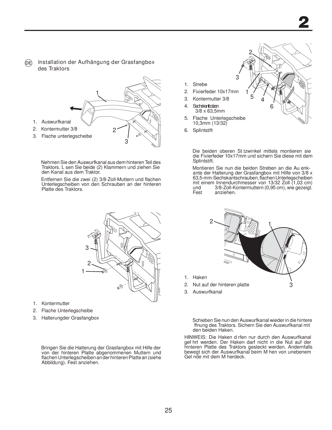 Husqvarna CTH140TWIN instruction manual Installation der Aufhängung der Grasfangbox des Traktors, Und, Fest Anziehen 