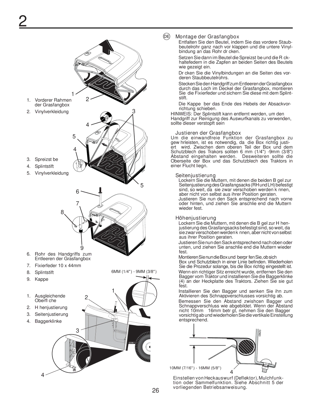 Husqvarna CTH140TWIN Montage der Grasfangbox, Justieren der Grasfangbox, Seitenjustierung, Höhenjustierung 