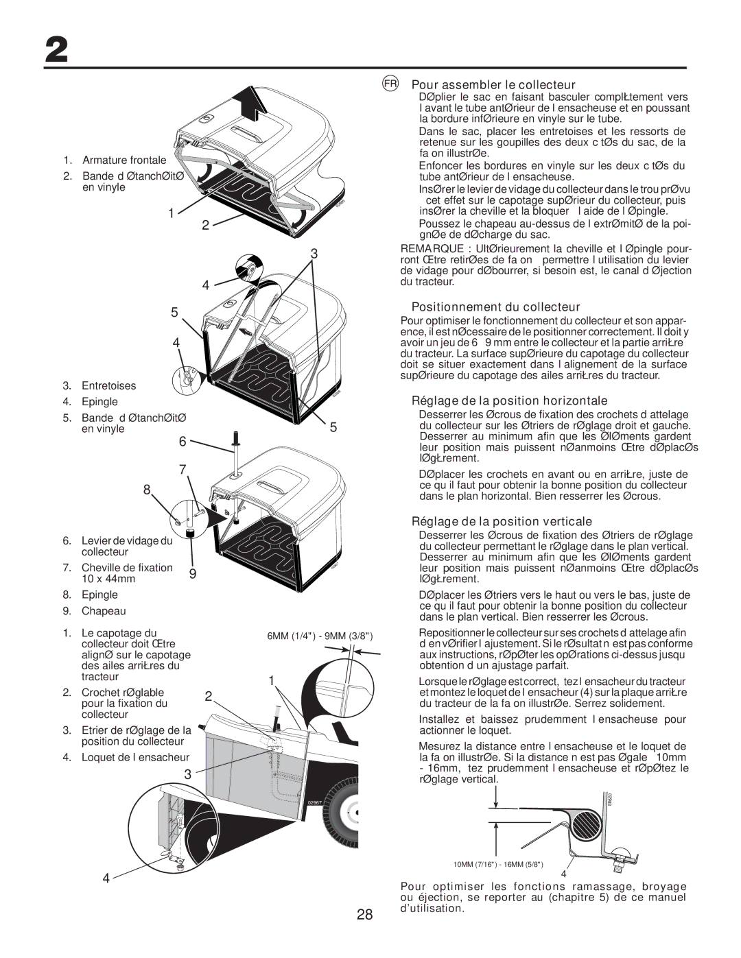 Husqvarna CTH140TWIN Pour assembler le collecteur, Positionnement du collecteur, Réglage de la position horizontale 