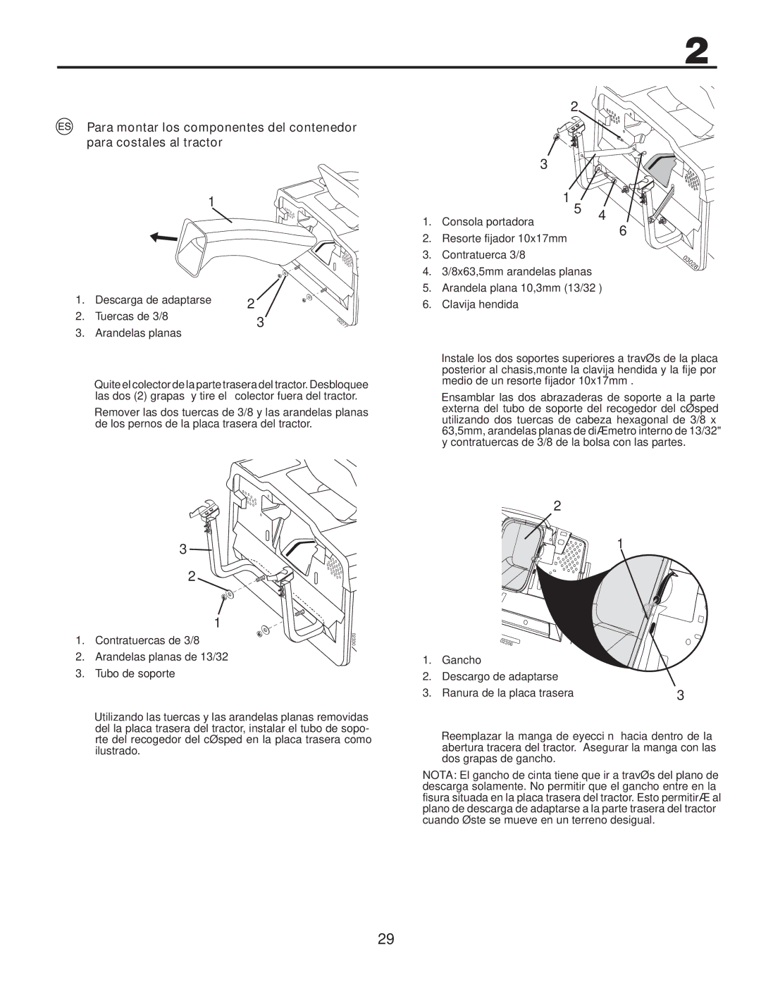 Husqvarna CTH140TWIN instruction manual Descarga de adaptarse Tuercas de 3/8, Arandelas planas, Contratuercas de 3/8 