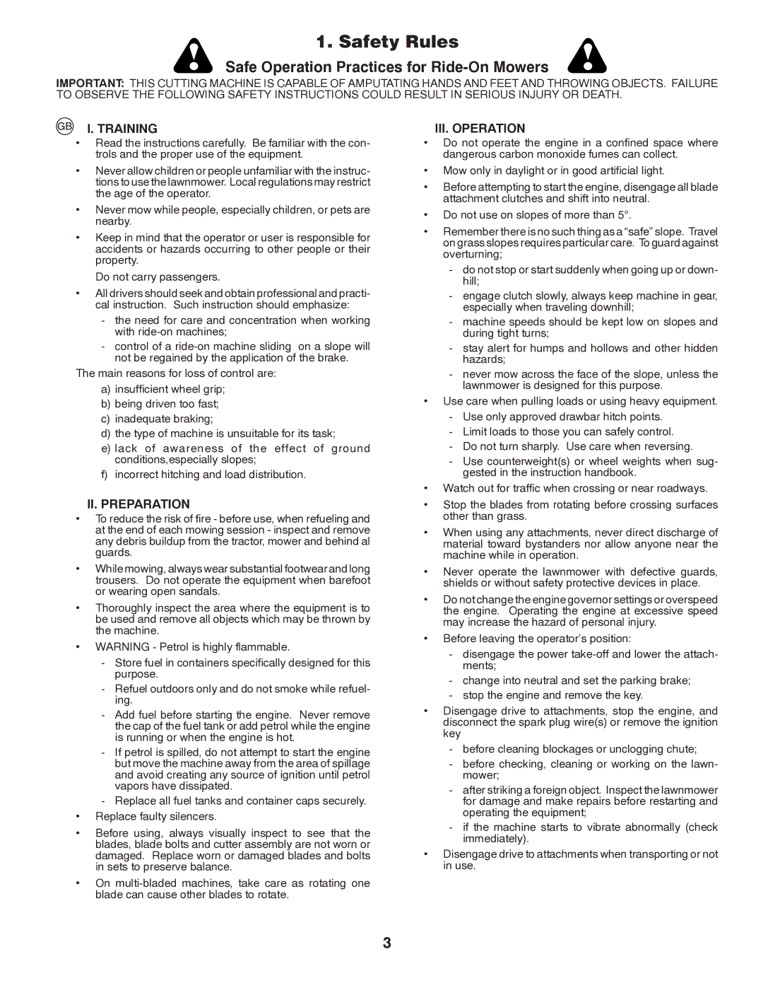 Husqvarna CTH140TWIN instruction manual Safety Rules, Training, II. Preparation, III. Operation 