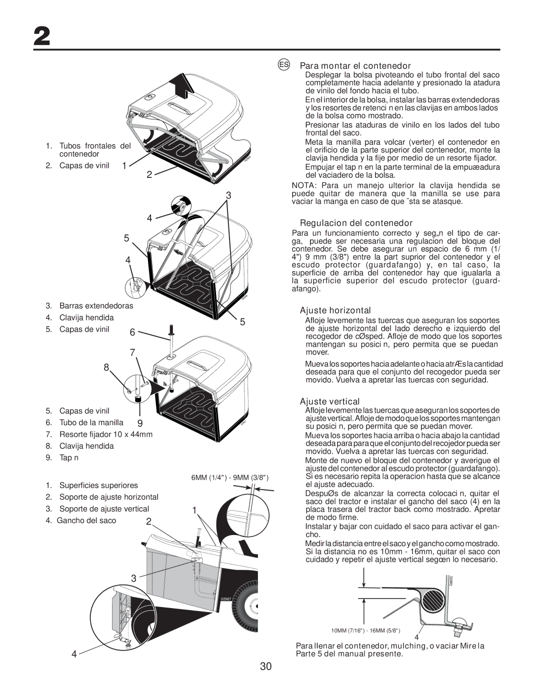 Husqvarna CTH140TWIN Para montar el contenedor, Regulacion del contenedor, Ajuste horizontal, Ajuste vertical 