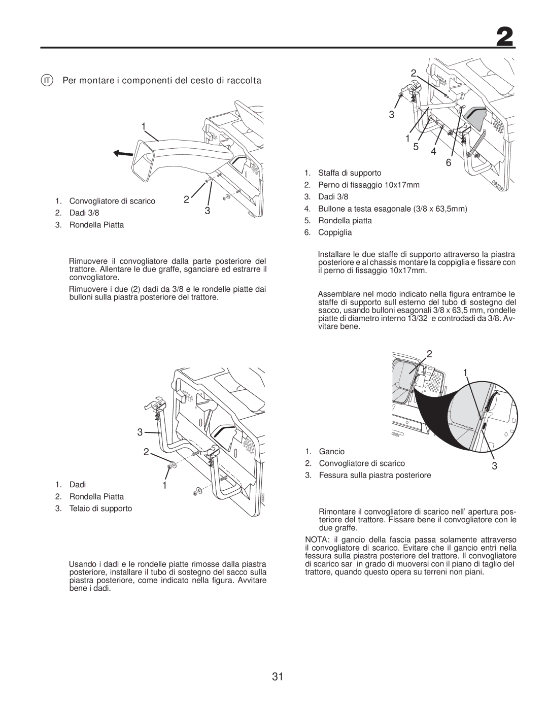 Husqvarna CTH140TWIN instruction manual Per montare i componenti del cesto di raccolta, Convogliatore di scarico Dadi 3/8 