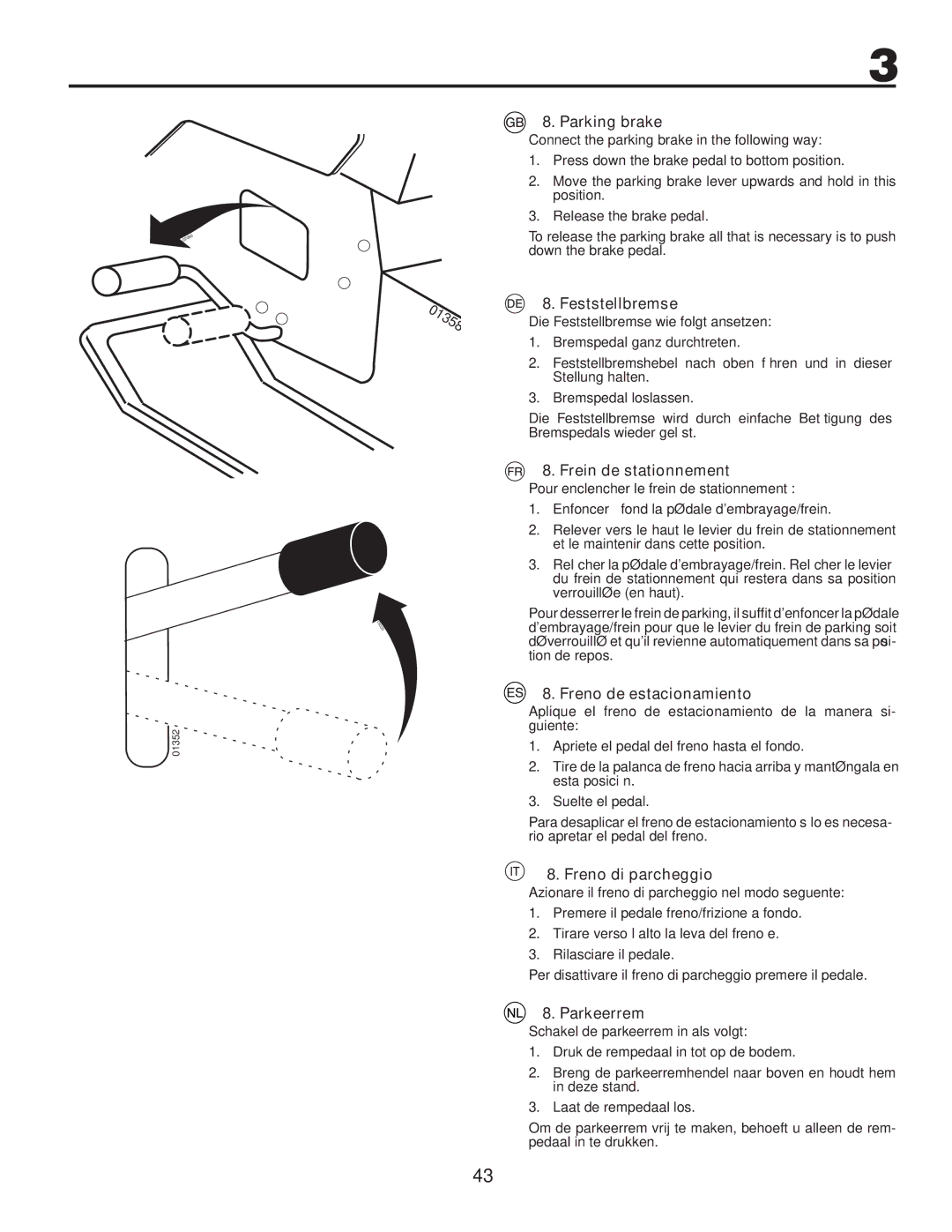 Husqvarna CTH140TWIN Parking brake, Feststellbremse, Frein de stationnement, Freno de estacionamiento, Freno di parcheggio 