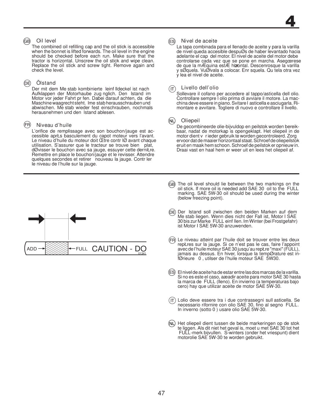 Husqvarna CTH140TWIN instruction manual Oil level, Ölstand, Niveau d’huile, Nivel de aceite, Livello dell’olio, Oliepeil 