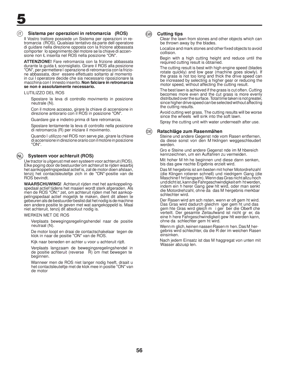 Husqvarna CTH140TWIN instruction manual Sistema per operazioni in retromarcia ROS, Systeem voor achteruit ROS, Cutting tips 