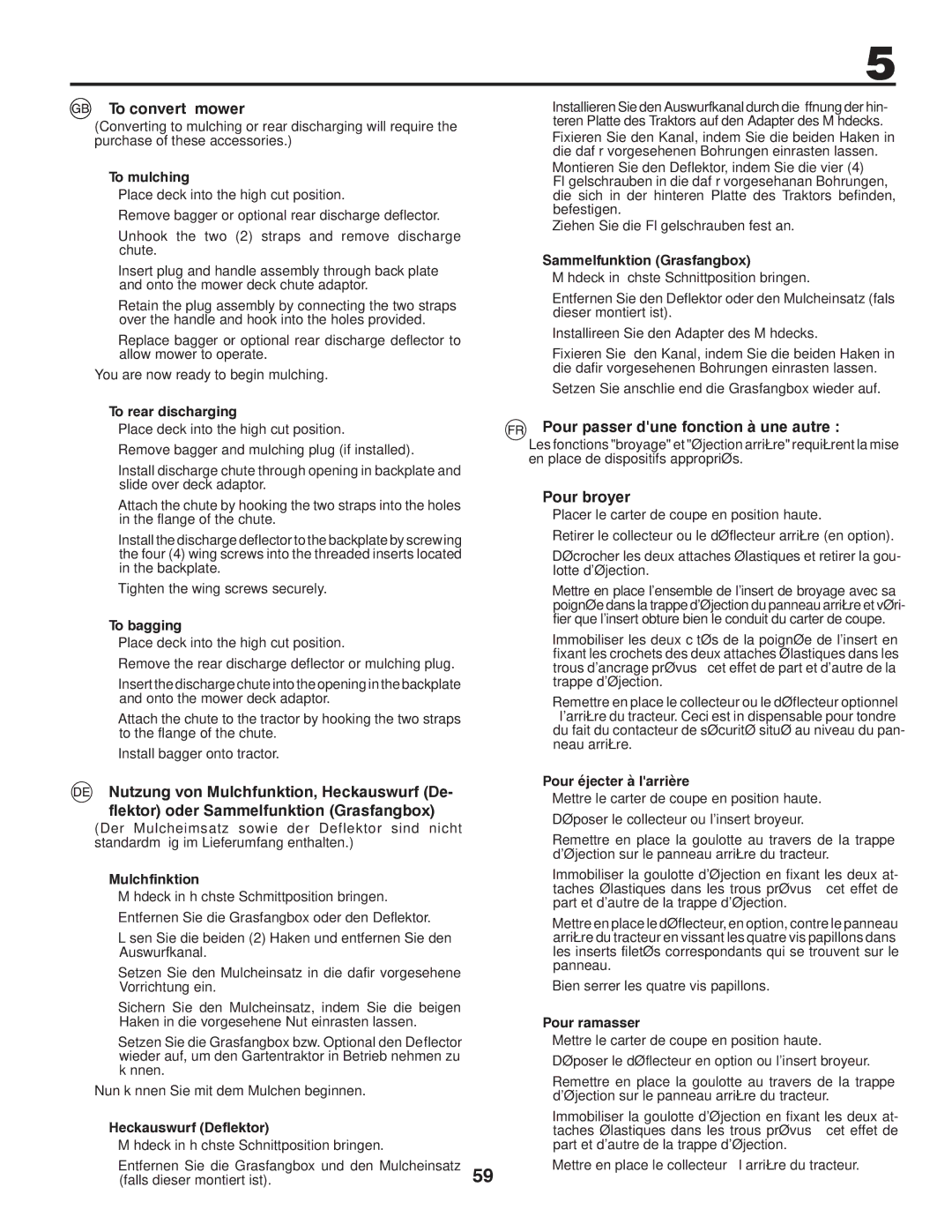 Husqvarna CTH140TWIN instruction manual To convert mower, Pour passer dune fonction à une autre, Pour broyer 