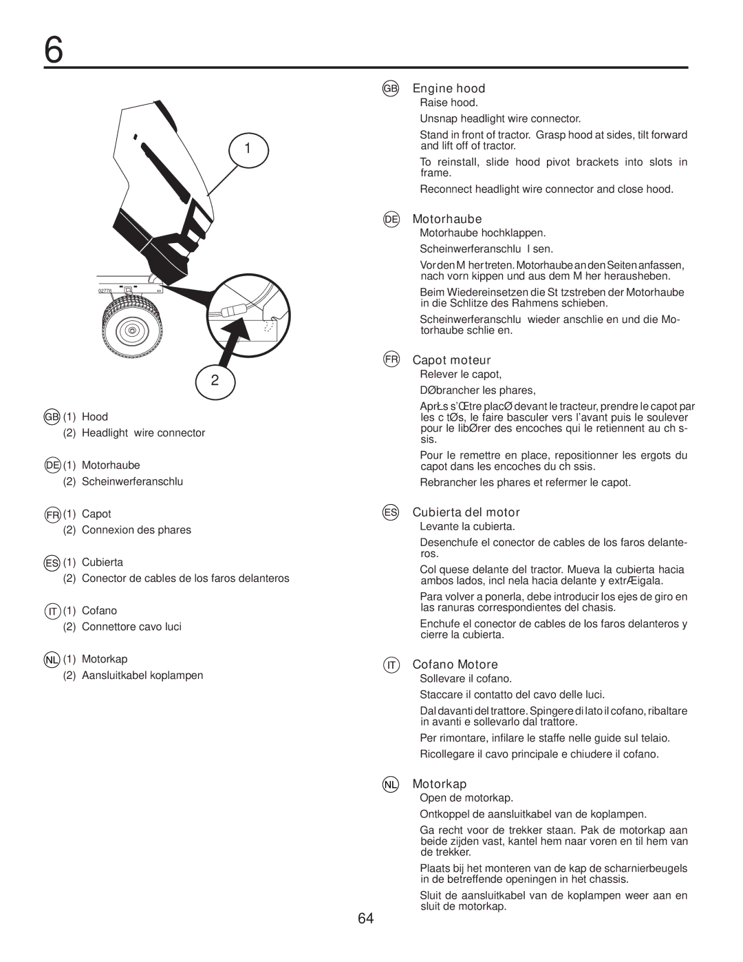 Husqvarna CTH140TWIN instruction manual Engine hood, Motorhaube, Capot moteur, Cubierta del motor, Cofano Motore, Motorkap 