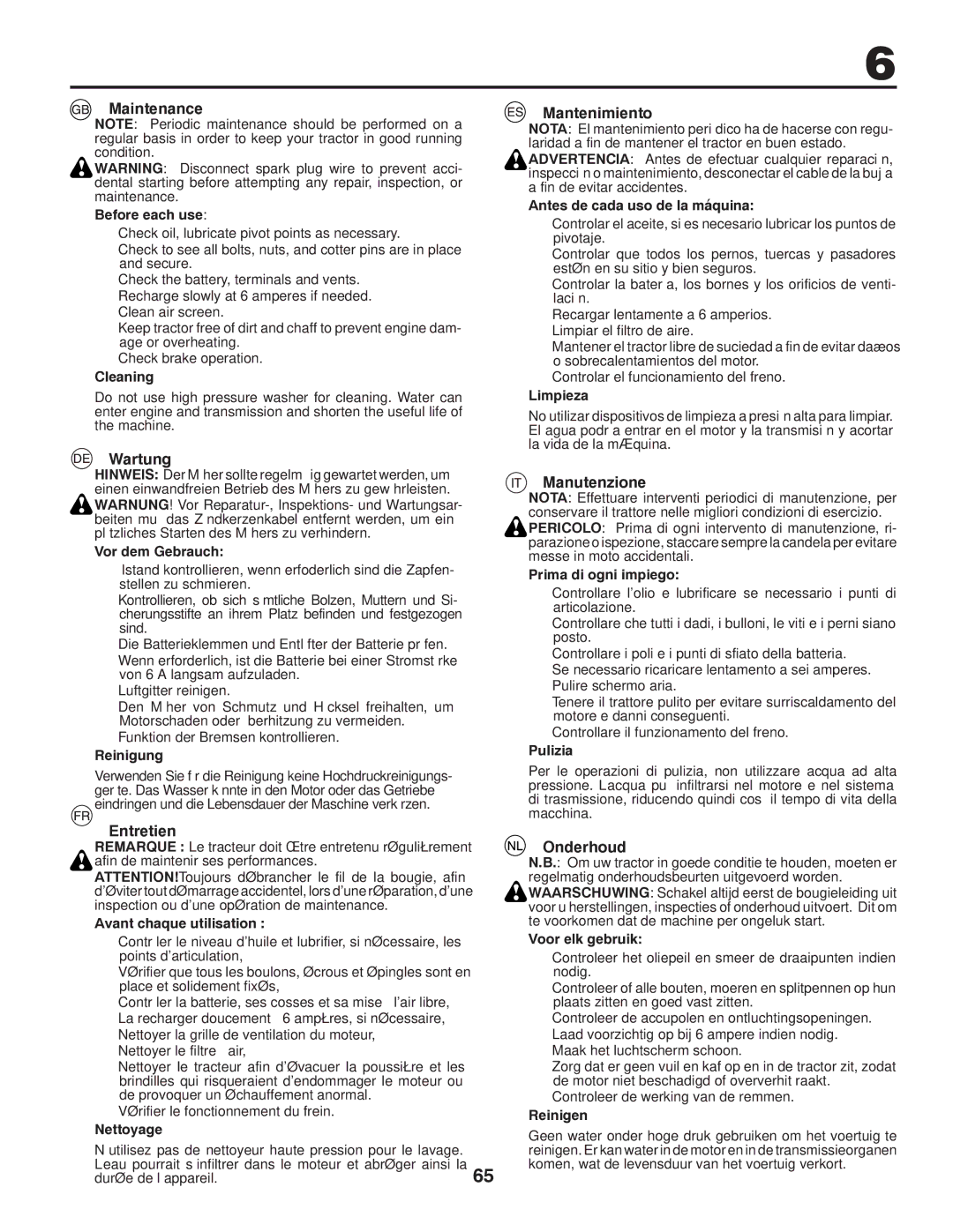 Husqvarna CTH140TWIN instruction manual Maintenance Mantenimiento, Wartung, Manutenzione, Entretien Onderhoud 