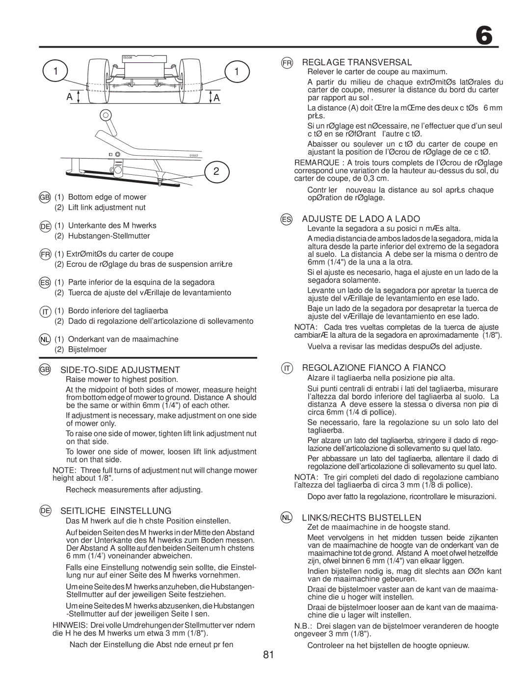 Husqvarna CTH140TWIN SIDE-TO-SIDE Adjustment, Seitliche Einstellung, Reglage Transversal, Adjuste DE Lado a Lado 