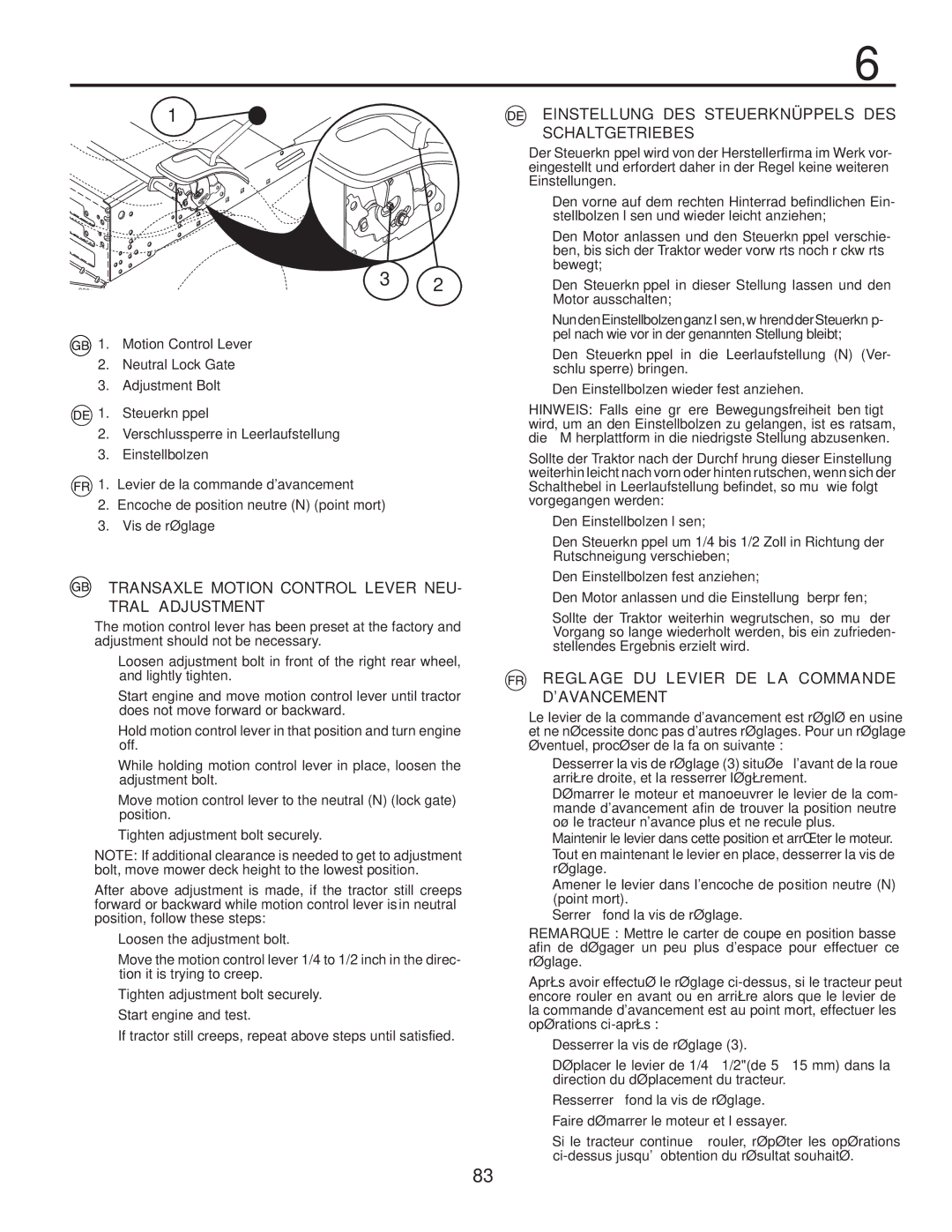 Husqvarna CTH140TWIN Transaxle Motion Control Lever NEU- Tral Adjustment, Reglage DU Levier DE LA Commande D’AVANCEMENT 