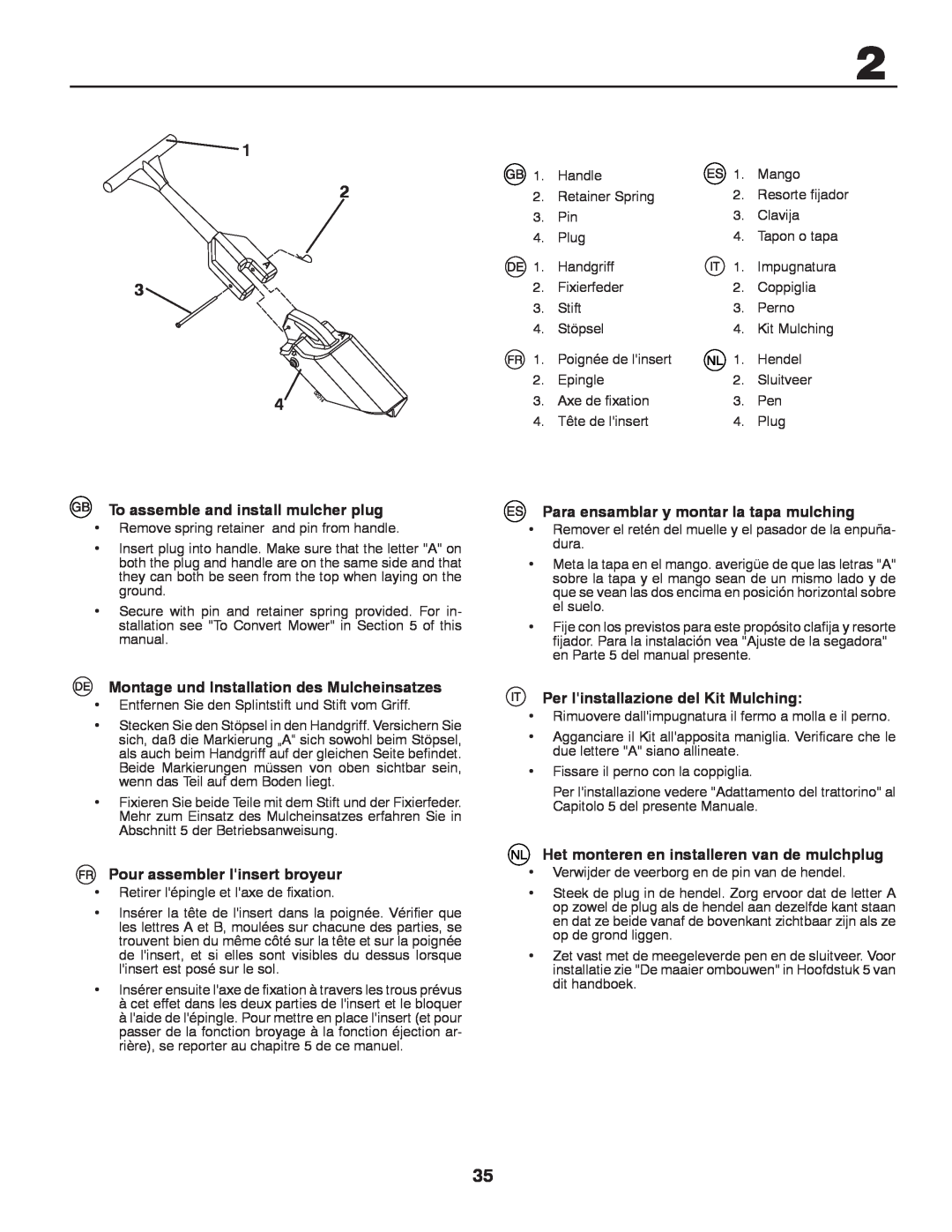 Husqvarna CTH140TWIN instruction manual To assemble and install mulcher plug, Montage und Installation des Mulcheinsatzes 