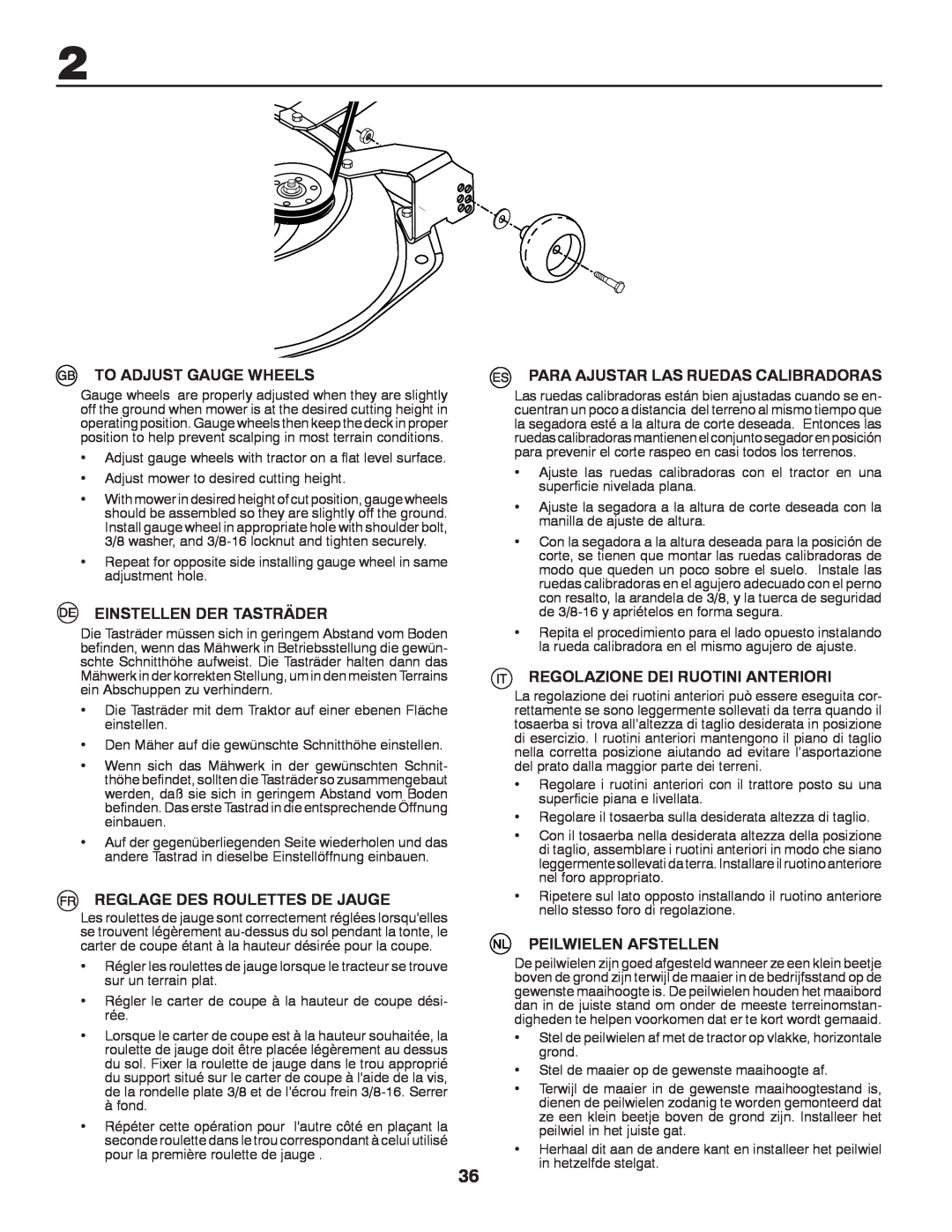Husqvarna CTH140TWIN instruction manual To Adjust Gauge Wheels, Einstellen Der Tasträder, Reglage Des Roulettes De Jauge 