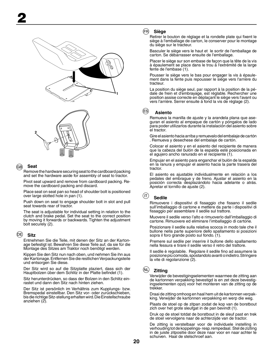 Husqvarna CTH150 XP, CTH210xp instruction manual Seat, Sitz, Siège, Asiento, Sedile, Zitting 