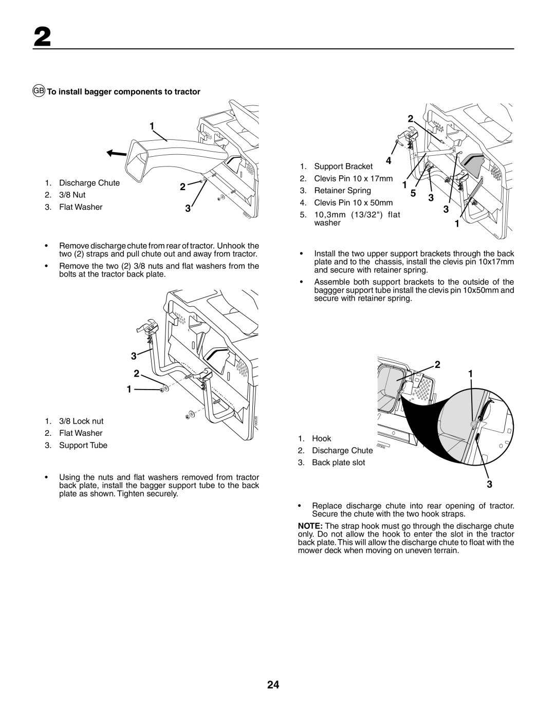 Husqvarna CTH150 XP, CTH210xp instruction manual To install bagger components to tractor, Discharge Chute Nut Flat Washer 