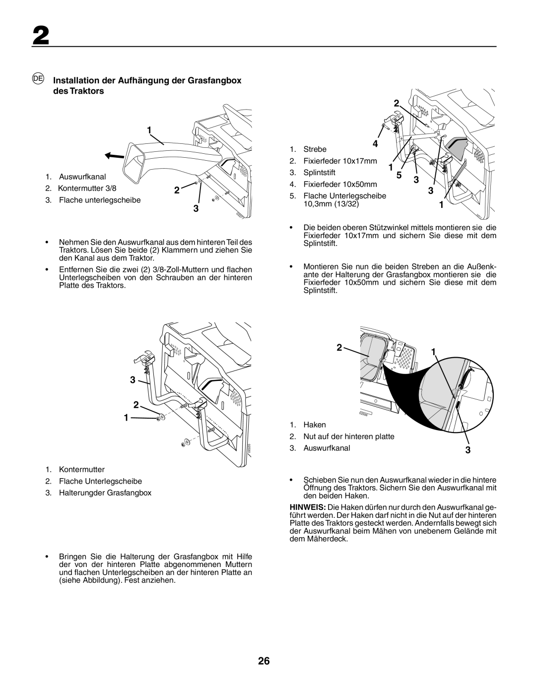 Husqvarna CTH150 XP, CTH210xp instruction manual Installation der Aufhängung der Grasfangbox des Traktors 