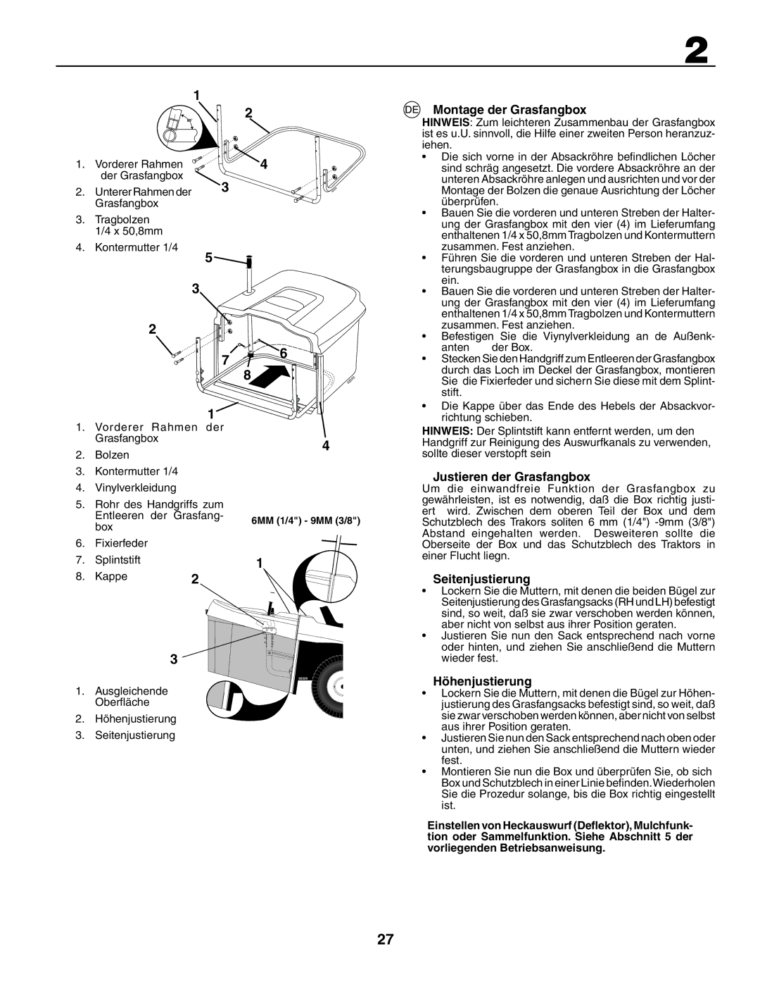 Husqvarna CTH210xp, CTH150 XP Montage der Grasfangbox, Justieren der Grasfangbox, Seitenjustierung, Höhenjustierung 