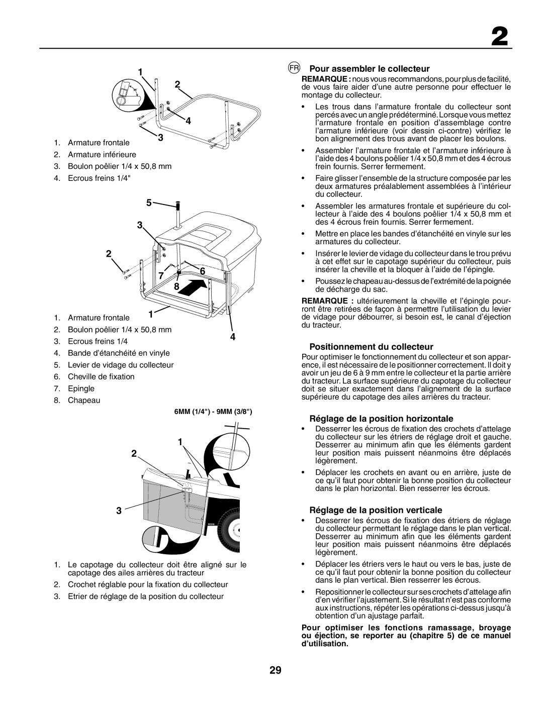 Husqvarna CTH210xp Pour assembler le collecteur, Positionnement du collecteur, Réglage de la position horizontale 