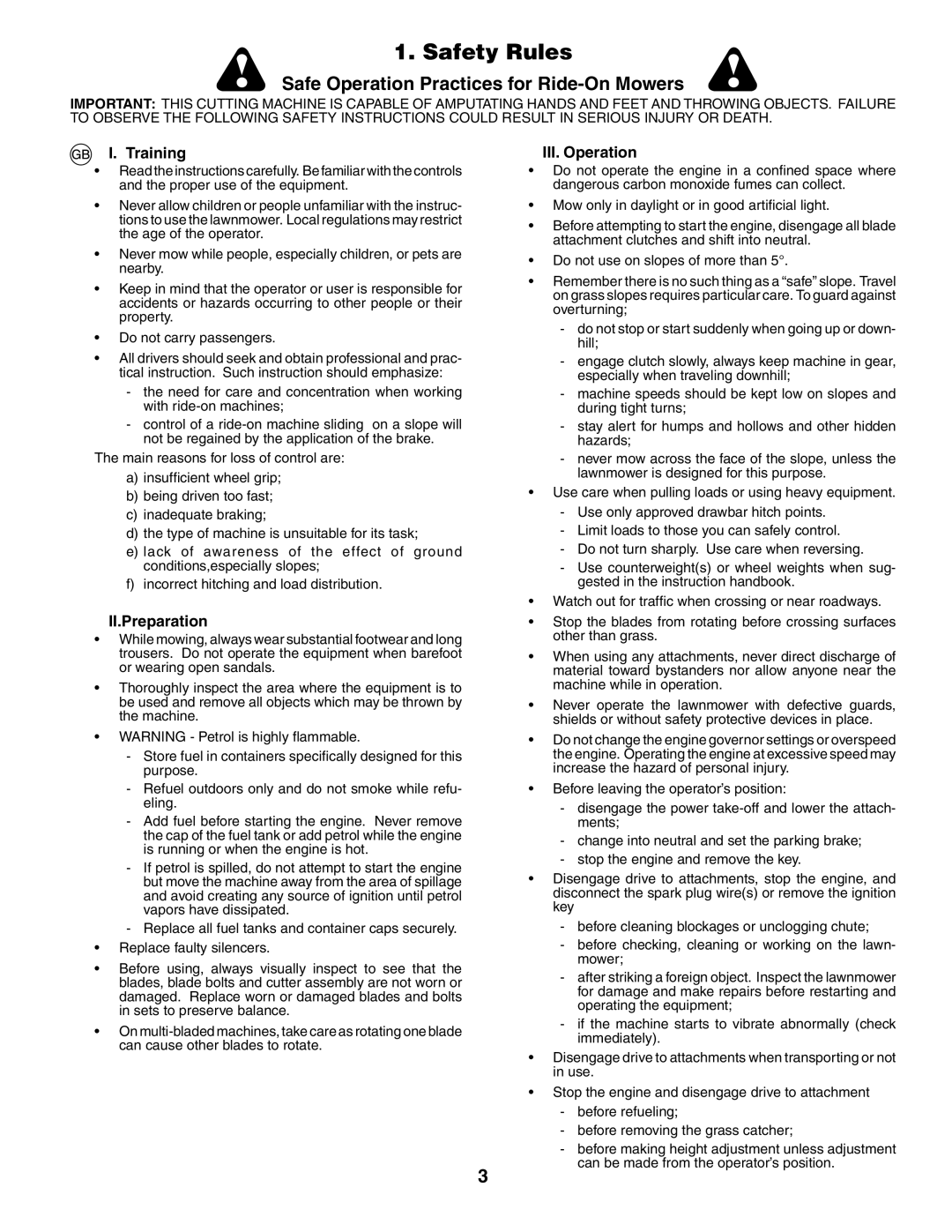 Husqvarna CTH210xp, CTH150 XP instruction manual Safety Rules, Training, II.Preparation, III. Operation 