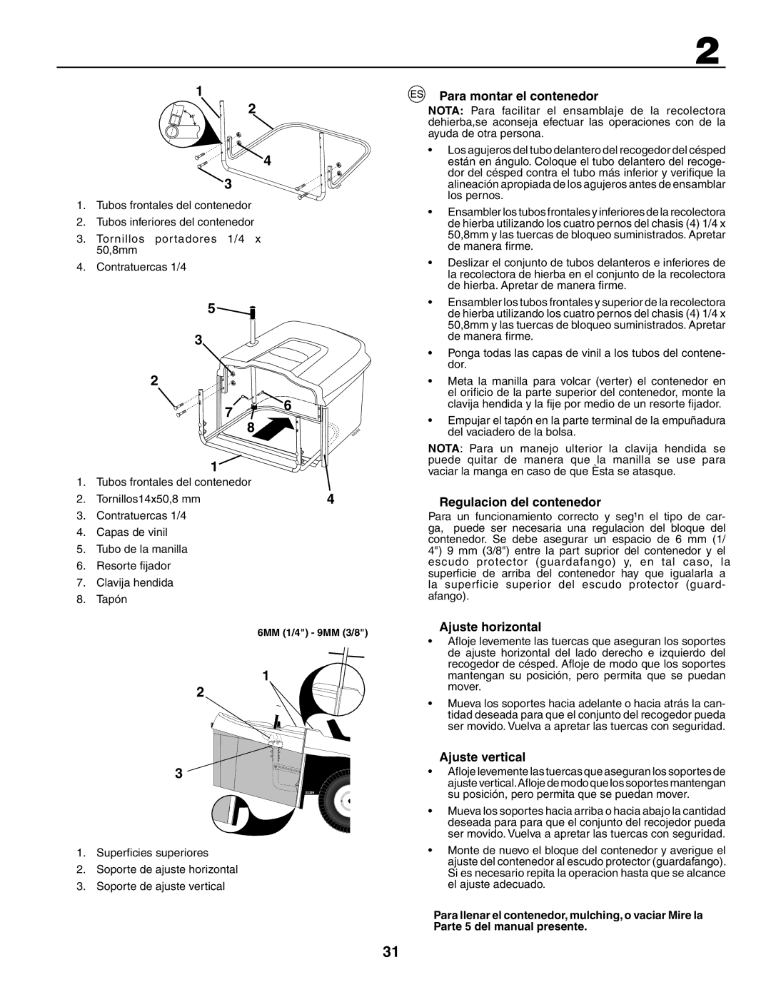 Husqvarna CTH210xp, CTH150 XP Para montar el contenedor, Regulacion del contenedor, Ajuste horizontal, Ajuste vertical 