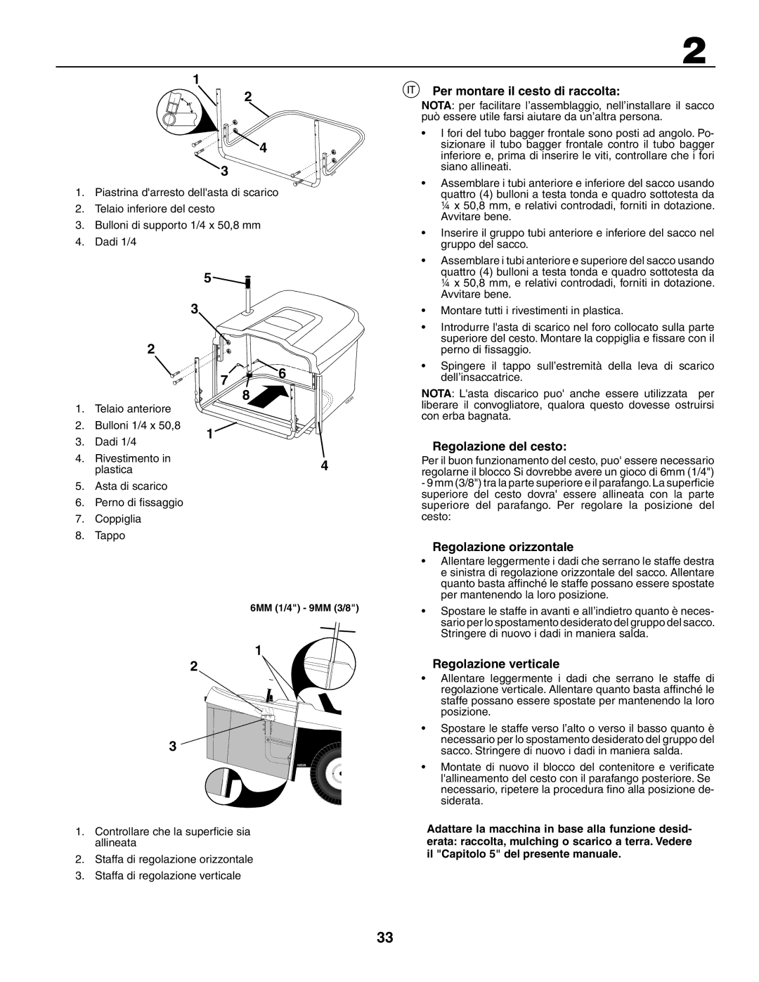 Husqvarna CTH210xp Per montare il cesto di raccolta, Regolazione del cesto, Regolazione orizzontale, Regolazione verticale 