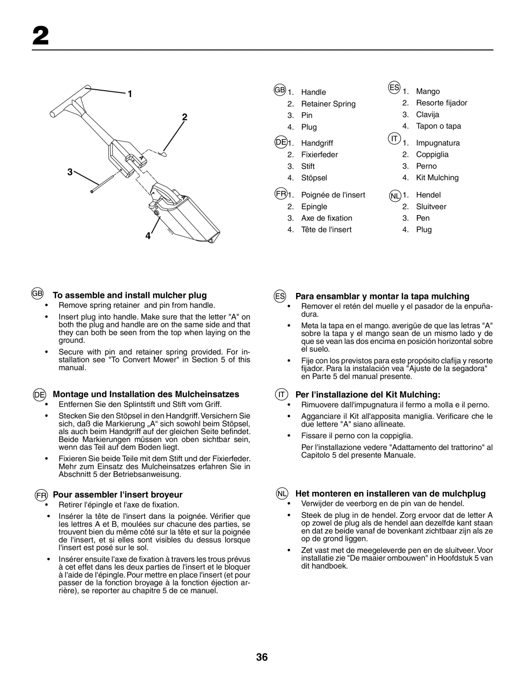 Husqvarna CTH150 XP, CTH210xp To assemble and install mulcher plug, Montage und Installation des Mulcheinsatzes 