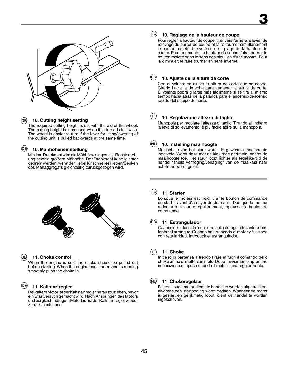 Husqvarna CTH210xp Cutting height setting, 10. Mähhöheneinstellung, Choke control, Kaltstartregler, Instelling maaihoogte 