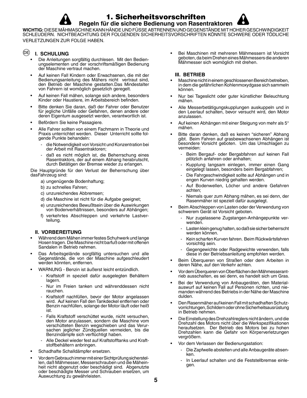 Husqvarna CTH210xp, CTH150 XP instruction manual Sicherheitsvorschriften, Schulung, II. Vorbereitung, III. Betrieb 