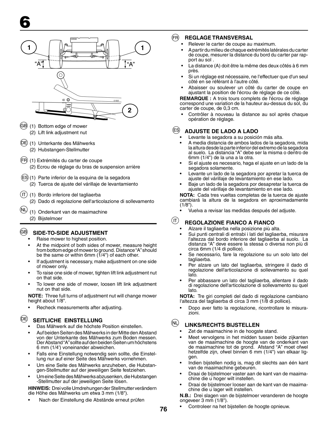 Husqvarna CTH150 XP, CTH210xp SIDE-TO-SIDE Adjustment, Seitliche Einstellung, Reglage Transversal, Adjuste DE Lado a Lado 