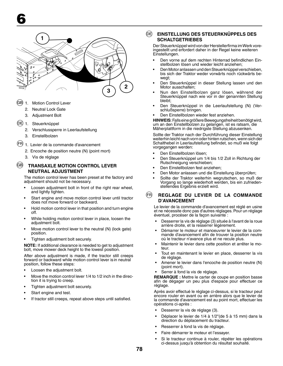 Husqvarna CTH150 XP Transaxle Motion Control Lever Neutral Adjustment, Einstellung DES Steuerknüppels DES Schaltgetriebes 