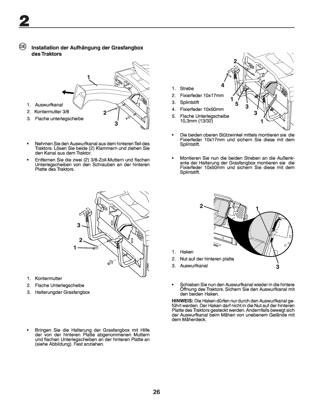 Husqvarna CTH150 XP, CTH210xp instruction manual Installation der Aufhängung der Grasfangbox des Traktors 