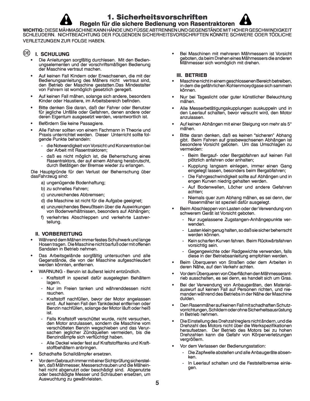 Husqvarna CTH210xp Sicherheitsvorschriften, Regeln für die sichere Bedienung von Rasentraktoren, I. Schulung, Iii. Betrieb 