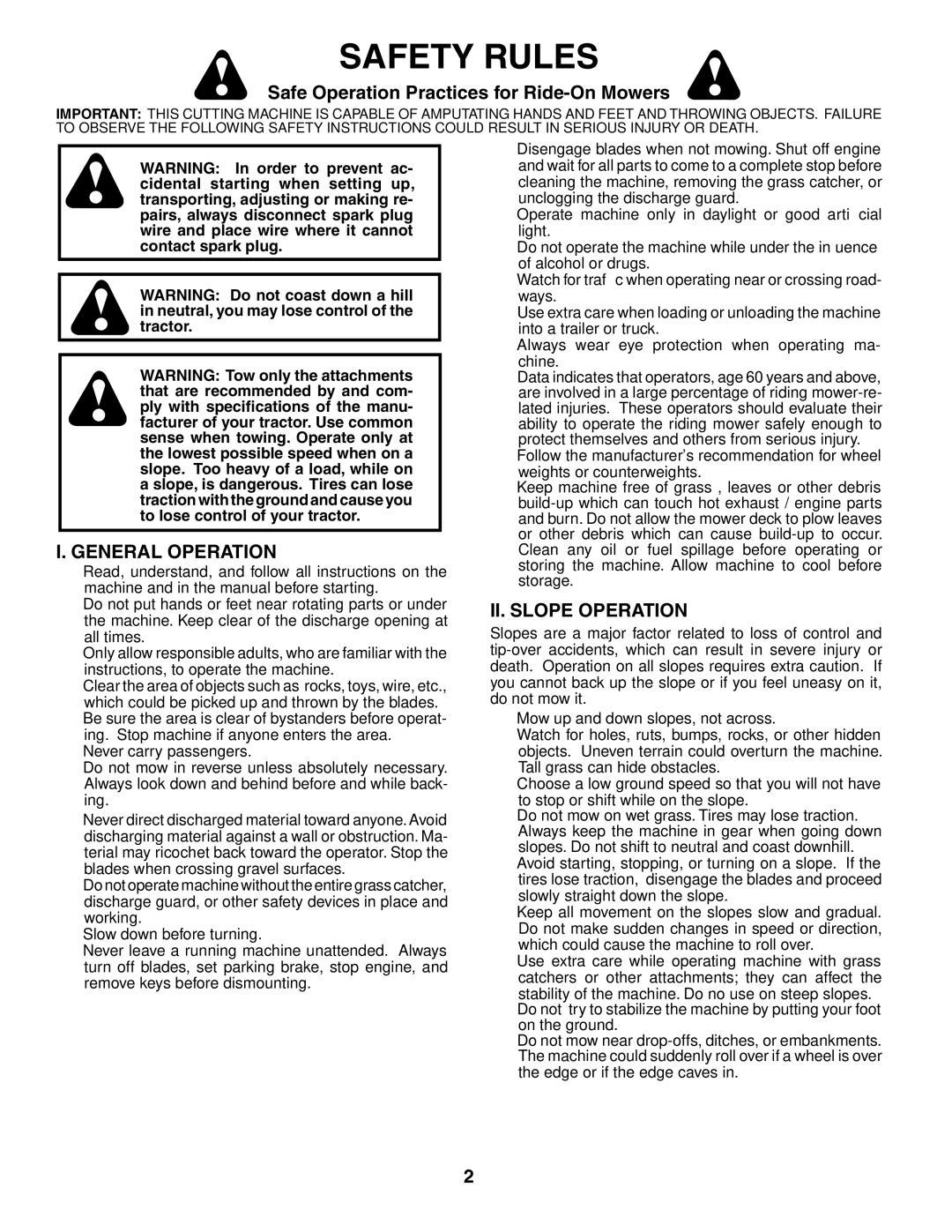 Husqvarna CTH151 XP Safety Rules, Safe Operation Practices for Ride-On Mowers, General Operation, II. Slope Operation 