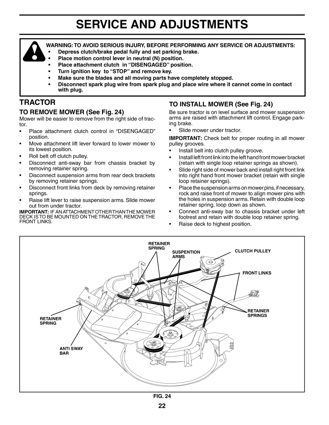 Husqvarna CTH151 XP owner manual Service and Adjustments, To Remove Mower See Fig, To Install Mower See Fig 