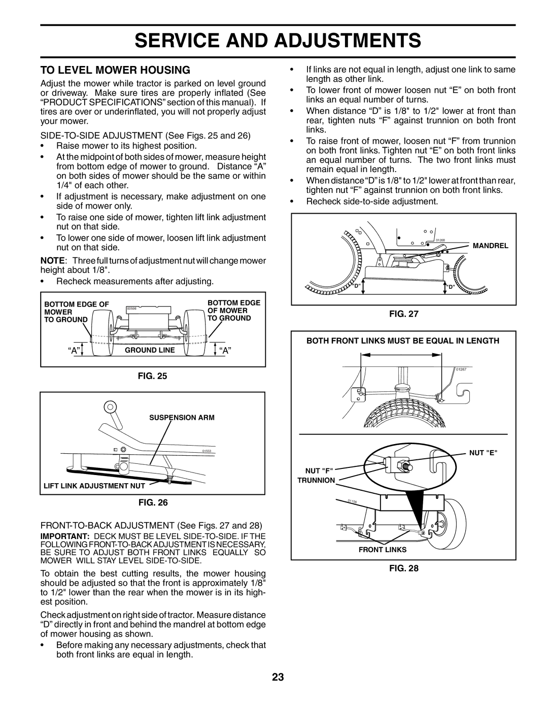 Husqvarna CTH151 XP owner manual To Level Mower Housing, FRONT-TO-BACK Adjustment See Figs 