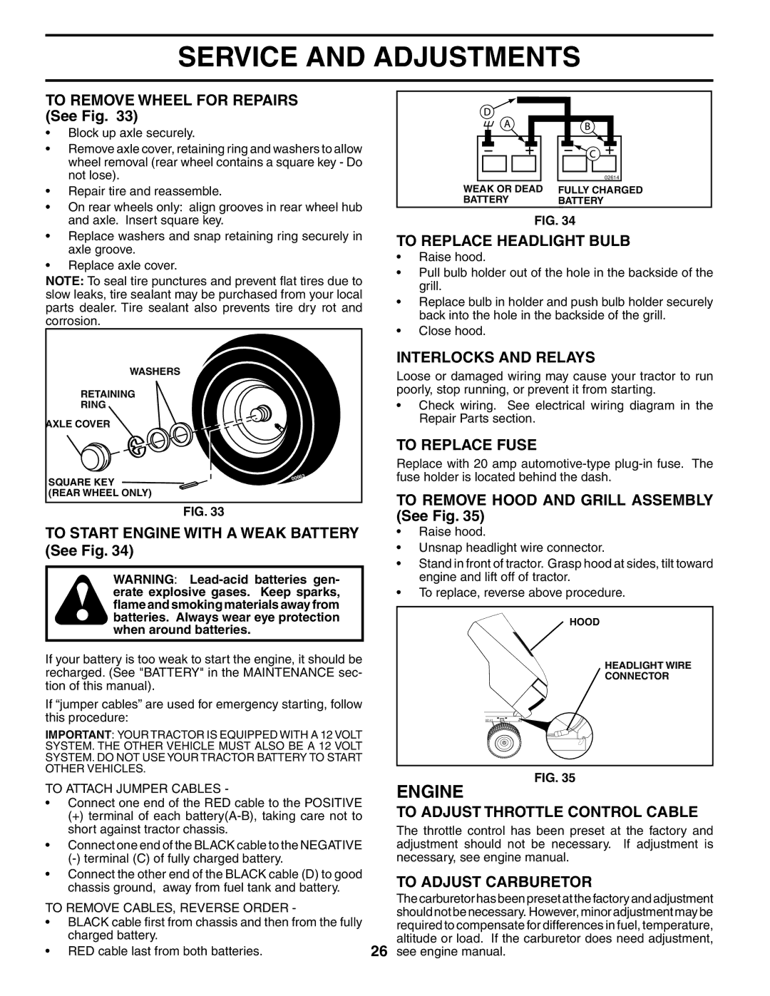 Husqvarna CTH151 XP To Replace Headlight Bulb, Interlocks and Relays, To Replace Fuse, To Adjust Throttle Control Cable 