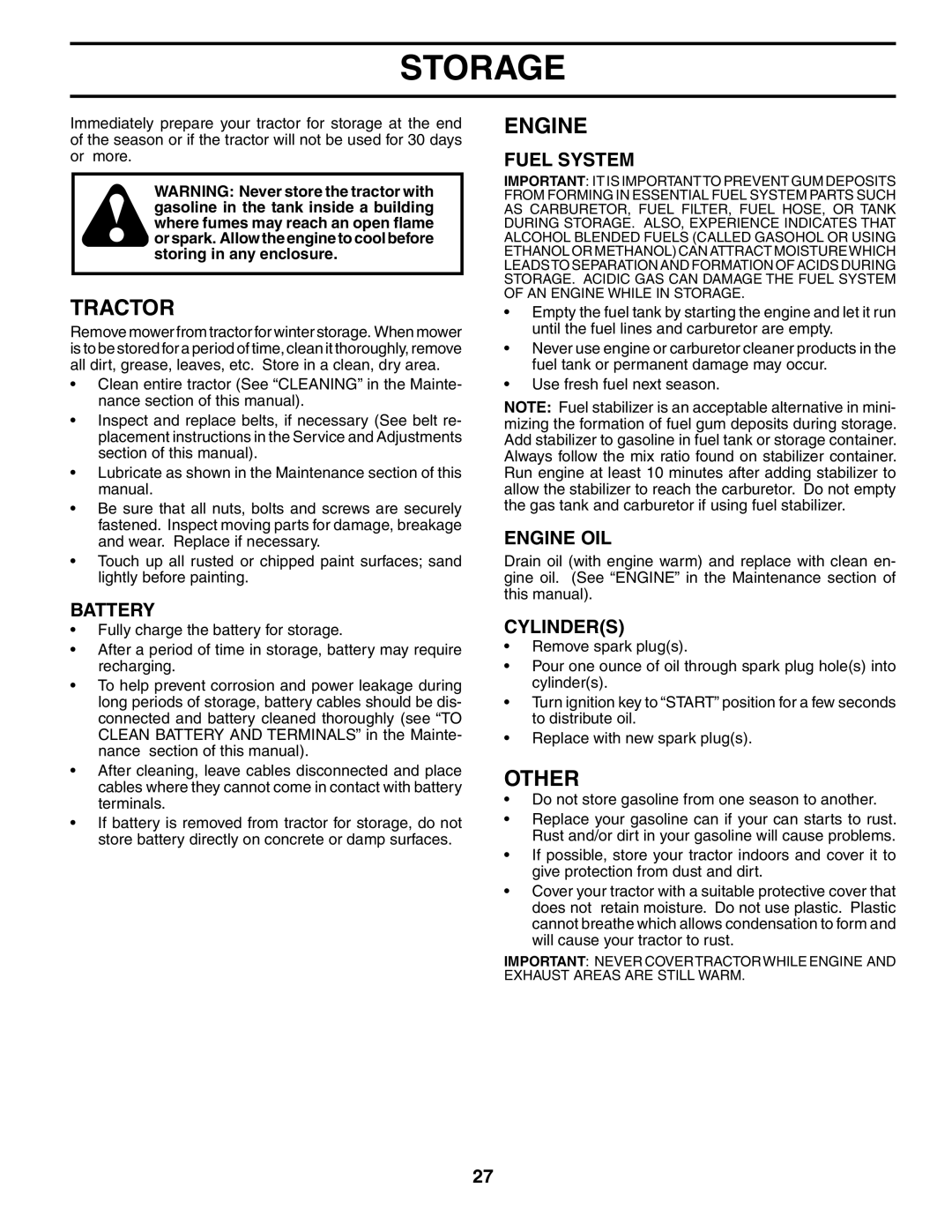 Husqvarna CTH151 XP owner manual Storage, Other, Fuel System, Engine OIL, Cylinders 