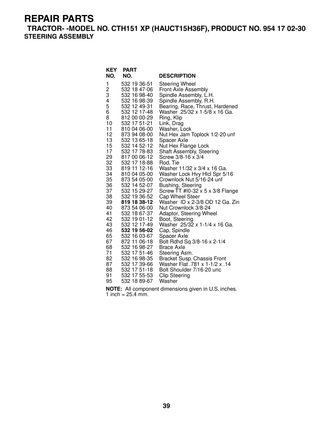 Husqvarna CTH151 XP owner manual 532 19 Steering Wheel 