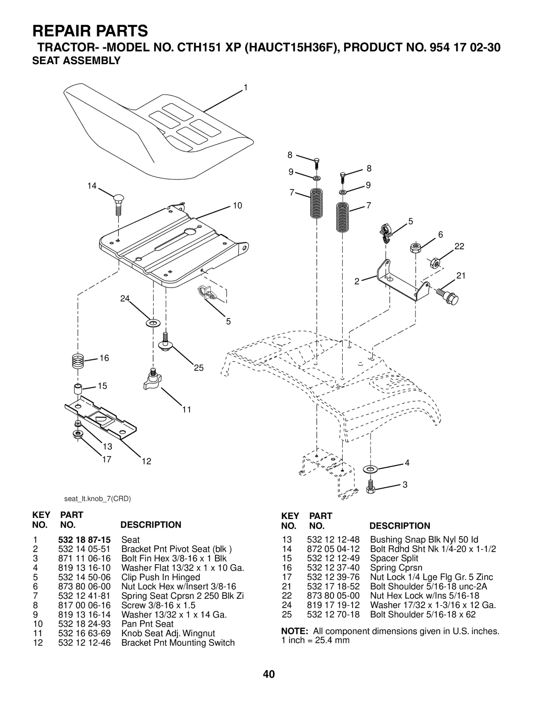 Husqvarna CTH151 XP owner manual Seat Assembly, 532 18 Seat 