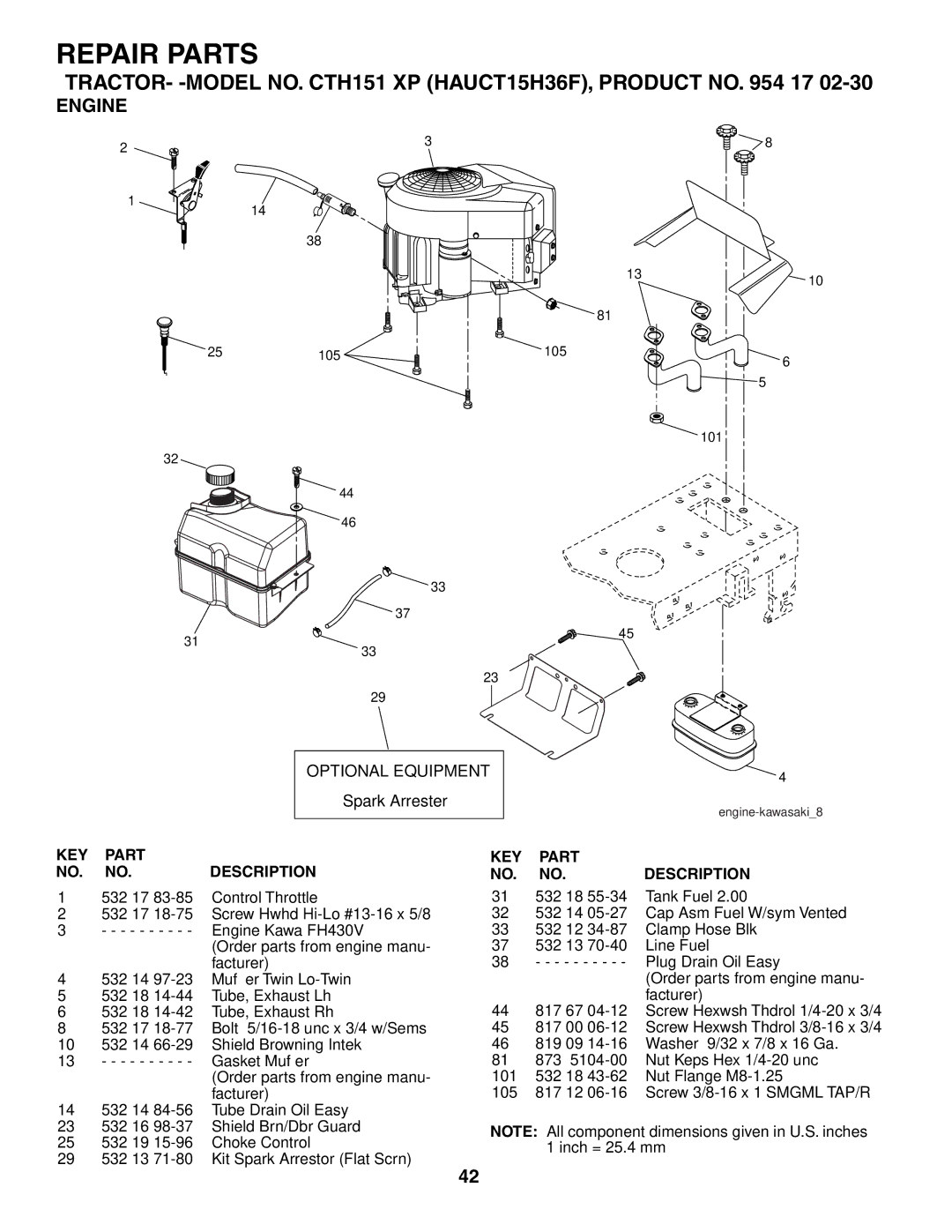 Husqvarna CTH151 XP owner manual Engine, Optional Equipment 