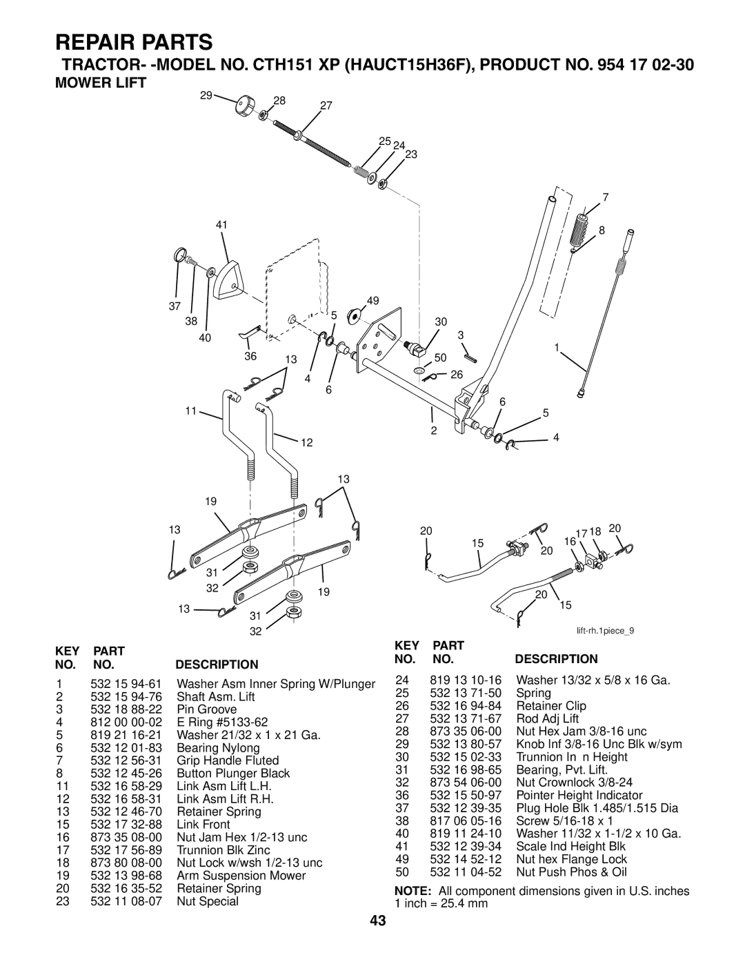 Husqvarna CTH151 XP owner manual Mower Lift 