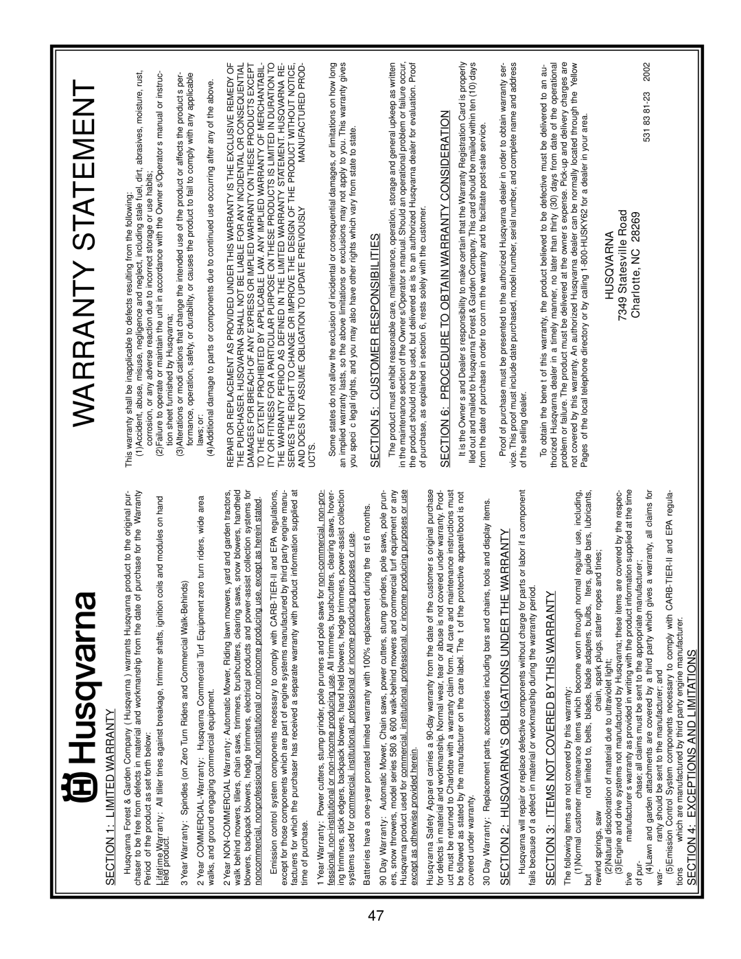 Husqvarna CTH151 XP owner manual Warranty Statement 