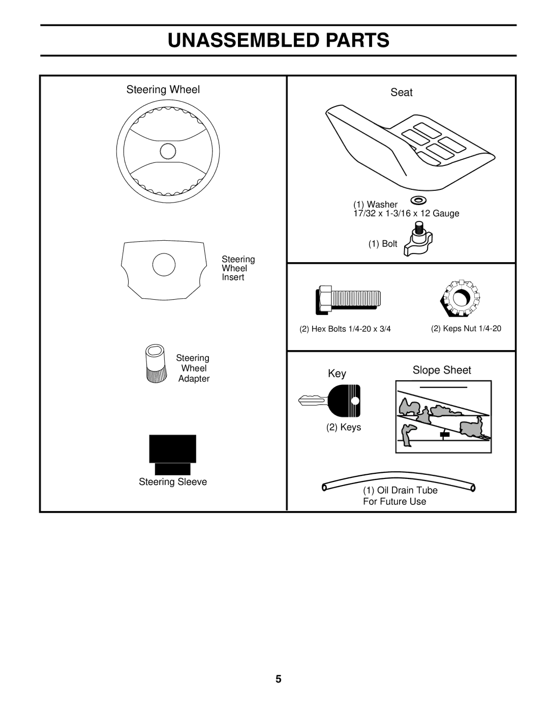 Husqvarna CTH151 XP owner manual Unassembled Parts, Steering Wheel Seat 