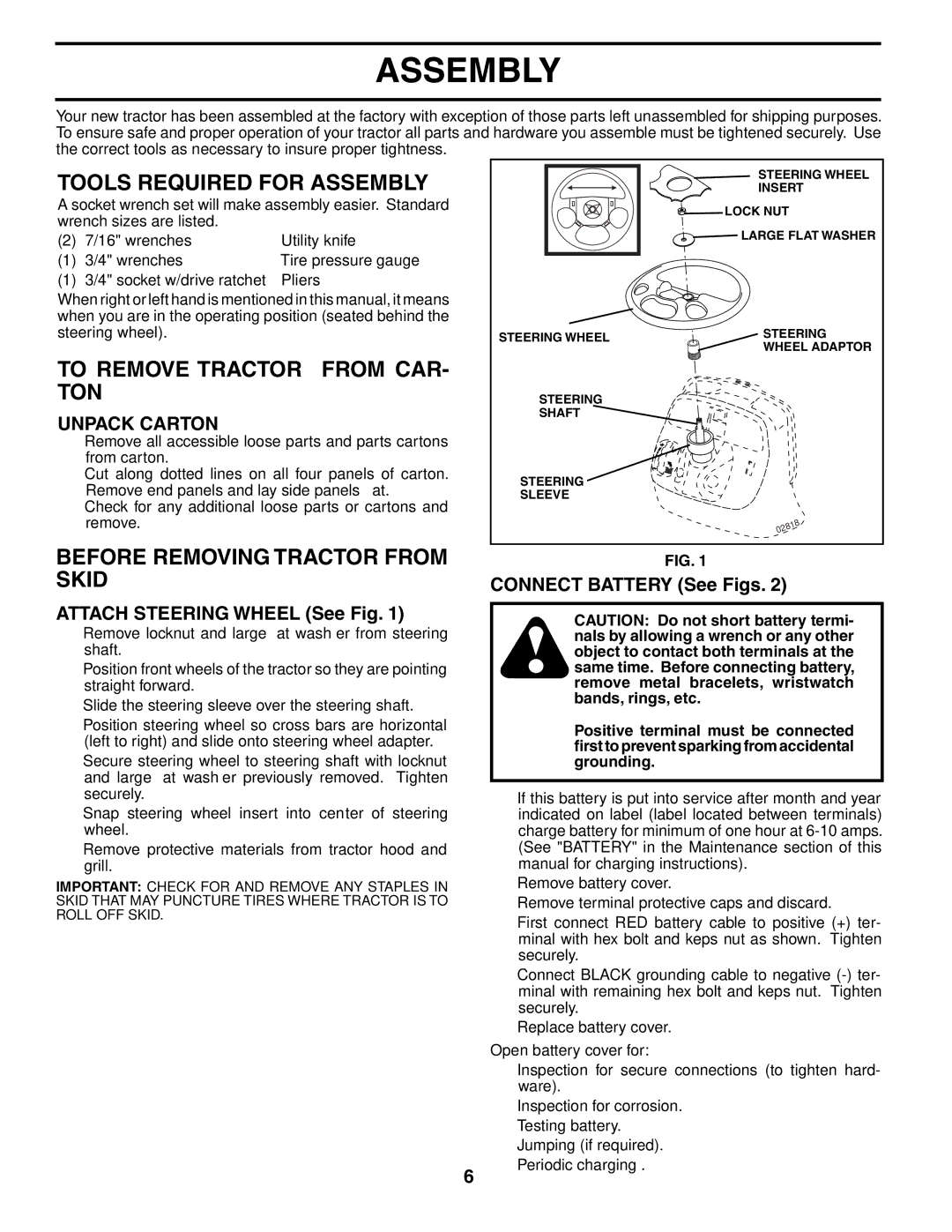 Husqvarna CTH151 XP Tools Required for Assembly, To Remove Tractor from CAR- TON, Before Removing Tractor from Skid 