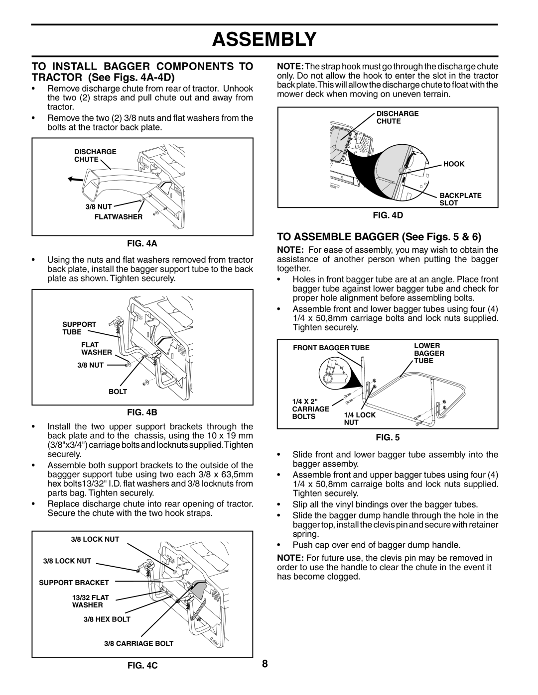 Husqvarna CTH151 XP owner manual To Install Bagger Components to Tractor See Figs A-4D, To Assemble Bagger See Figs 